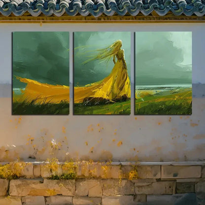 3pcs Yellow Skirt Woman Design Metal Print Ready to Hang Art - Bella Home Decor