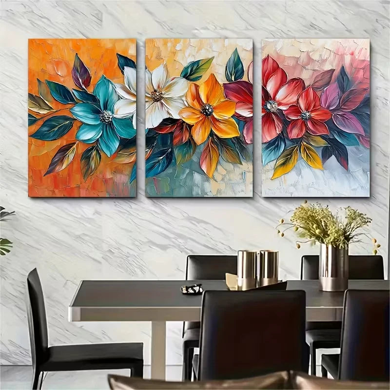 3pcs Abstract Palette Knife Colorful Floral Metal Print Ready to Hang Art - Bella Home Decor