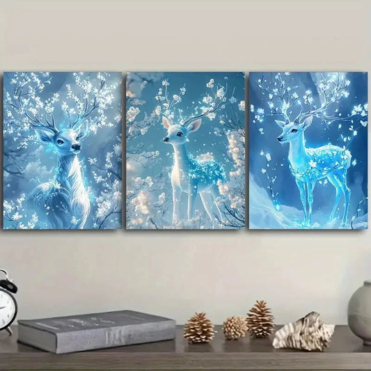 3pcs A deer with ice-blue Metal Print Ready to Hang Art