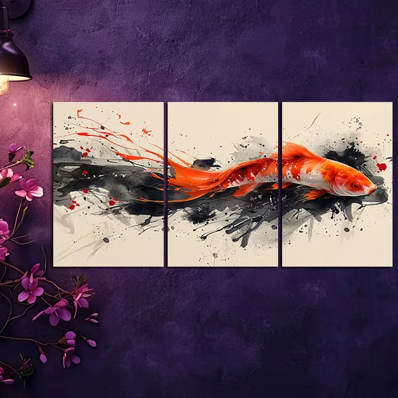 3pcs Koi Fish in Black & Orange Ink Splashes Wall Art Set Canvas Framed 50x70cm - High Quality Print 100% Australian Made Wall Canvas Ready to Hang
