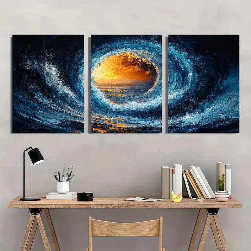 3pcs Abstract Blue Circular Golden Metal Print Ready to Hang Art - Bella Home Decor