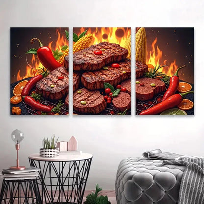 3pcs Grilled Steak With Peppers And Citrus Wall Art Set Canvas Framed 50x70cm - High Quality Print 100% Australian Made Wall Canvas Ready to Hang