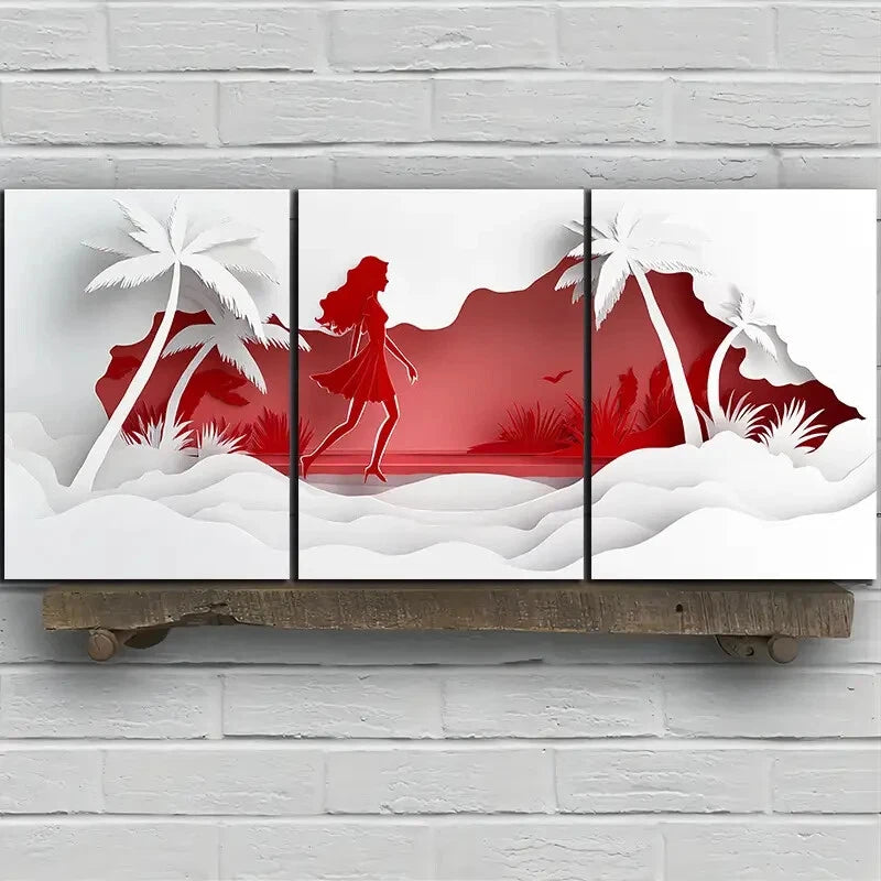 3pcs Coconut Trees And Women Beach Red & White Metal Print Ready to Hang Art - Bella Home Decor