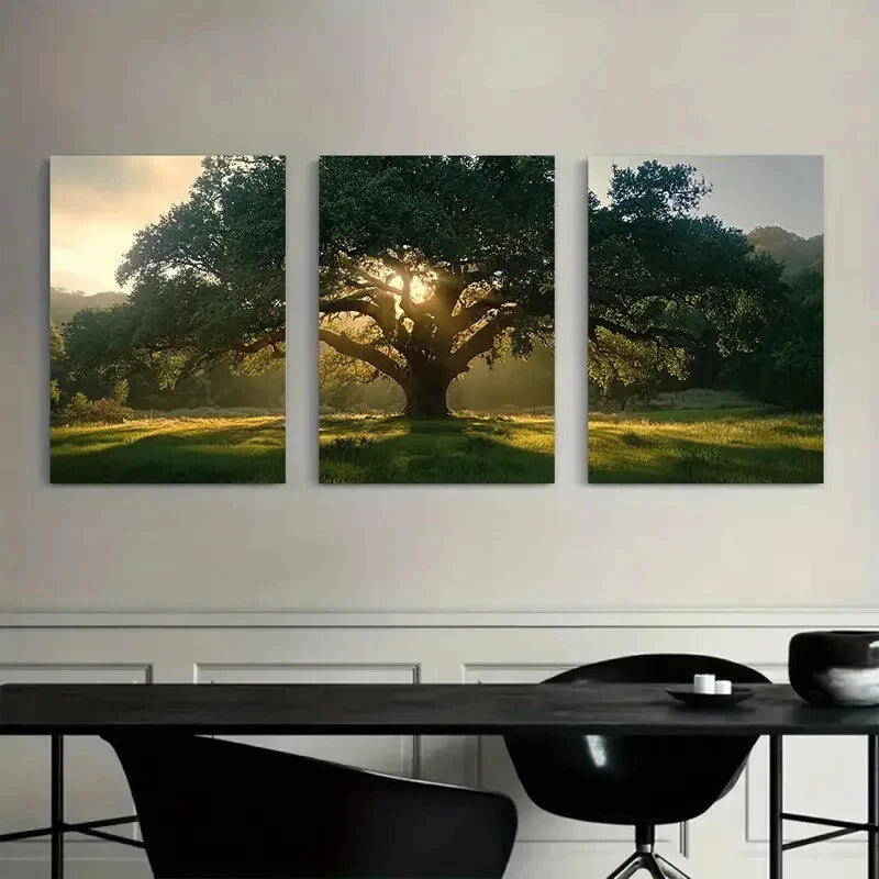 3pcs Majestic Oak Tree Meadow Nature Metal Print Ready to Hang Art - Bella Home Decor