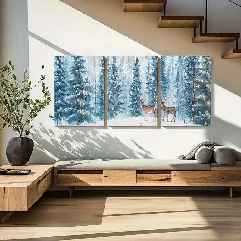 3pcs Winter Forest Deer Art Snowy Landscape Metal Print Ready to Hang Art - Bella Home Decor