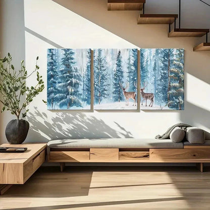 3pcs Winter Forest Deer Art Snowy Landscape Metal Print Ready to Hang Art - Bella Home Decor