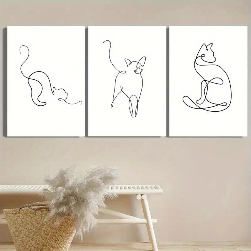 3pcs Abstract Line Cat Minimalist B&W Perfect Wall Art Set Canvas Framed 40x60cm - High Quality Print 100% Australian Made Wall Canvas Ready to Hang - Bella Home Decor