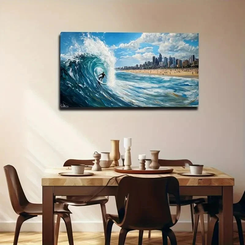 Vibrant Surfing Wave & Beach Wall Art Canvas Office Home Room Framed 120x60cm