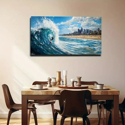 Vibrant Surfing Wave & Beach Wall Art Canvas Office Home Room Framed 120x60cm