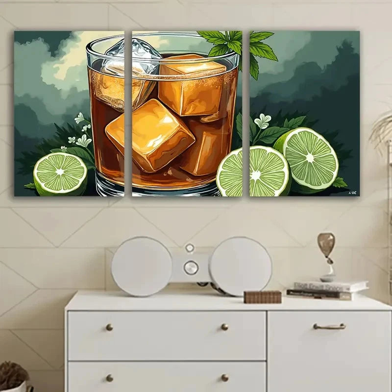 3pcs Whiskey Ice Glass Wall Art Set Canvas Framed 40x60cm - High Quality Print 100% Australian Made Wall Canvas Ready to Hang