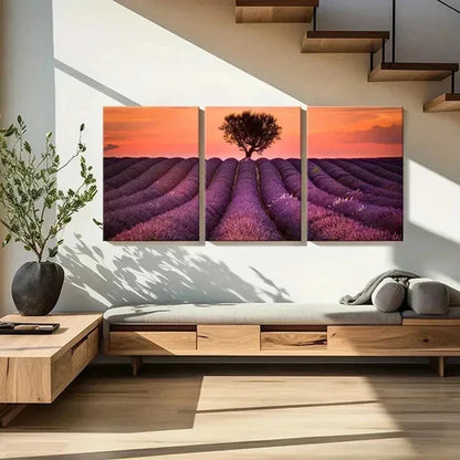 3pcs Vibrant Lavender Field with Sunset Wall Art Set Canvas Unframed - High Quality Print 100% Australian Made Wall Canvas