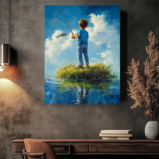 Beautiful Modern Vintage Fishing Adventure Painting 40x60cm Metal Print Ready to Hang