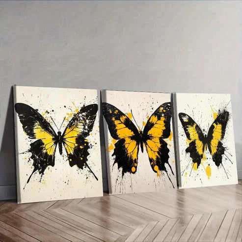 3pcs Black and Yellow Butterflies Colorful Wall Art Set Canvas Unframed - High Quality Print 100% Australian Made Wall Canvas - Bella Home Decor