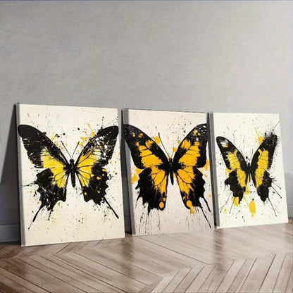 3pcs Black and Yellow Butterflies Colorful Wall Art Set Canvas Unframed - High Quality Print 100% Australian Made Wall Canvas - Bella Home Decor