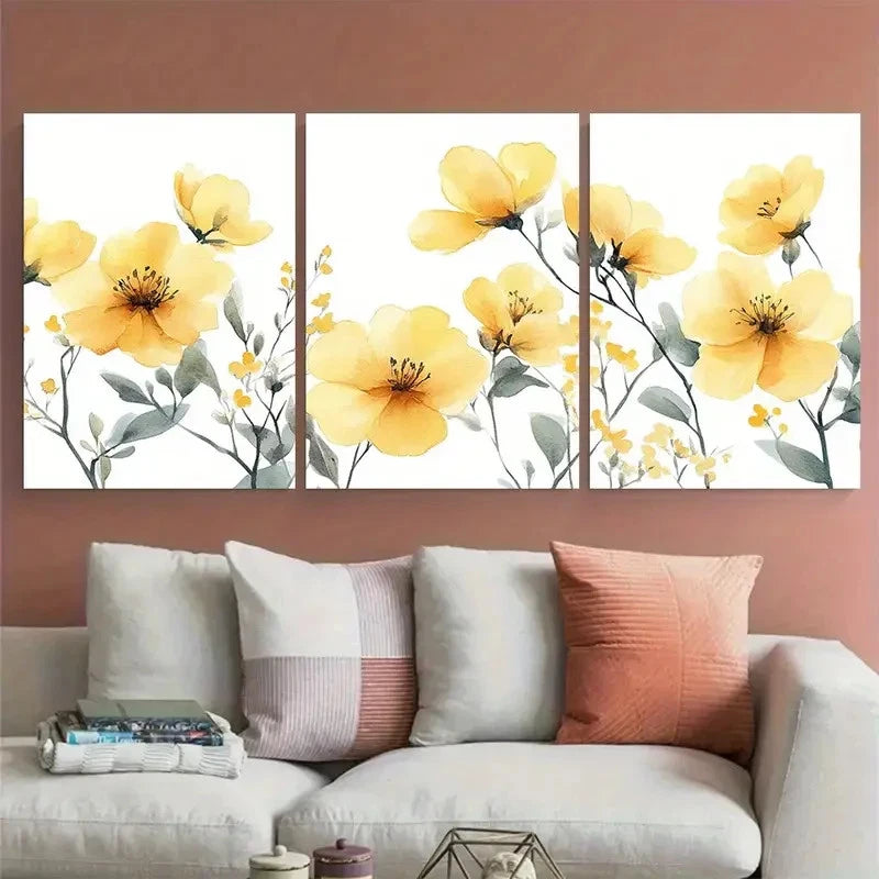 3pcs Delicate Yellow Flowers Watercolor Design Metal Print Ready to Hang Art - Bella Home Decor