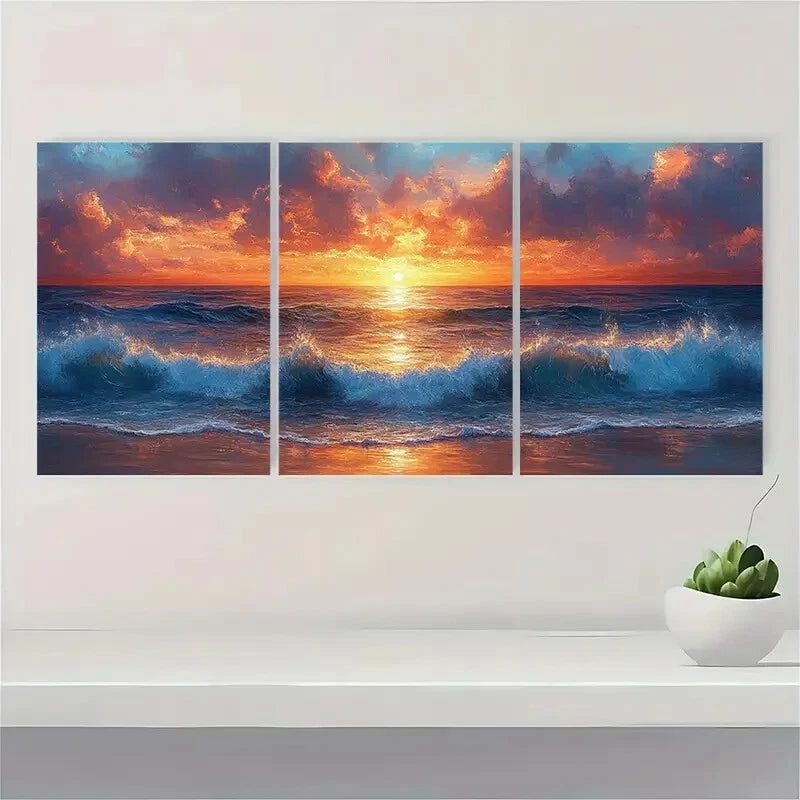 3pcs Ocean Waves Art Original Seascape Painting Metal Print Ready to Hang Art - Bella Home Decor