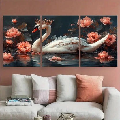 3pcs Elegant Crowned Swan with Floral On Lake Metal Print Ready to Hang Art - Bella Home Decor