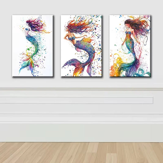 3pcs Vibrant Mermaid Watercolor Wall Art Set Canvas Framed 60x90cm - High Quality Print 100% Australian Made Wall Canvas Ready to Hang