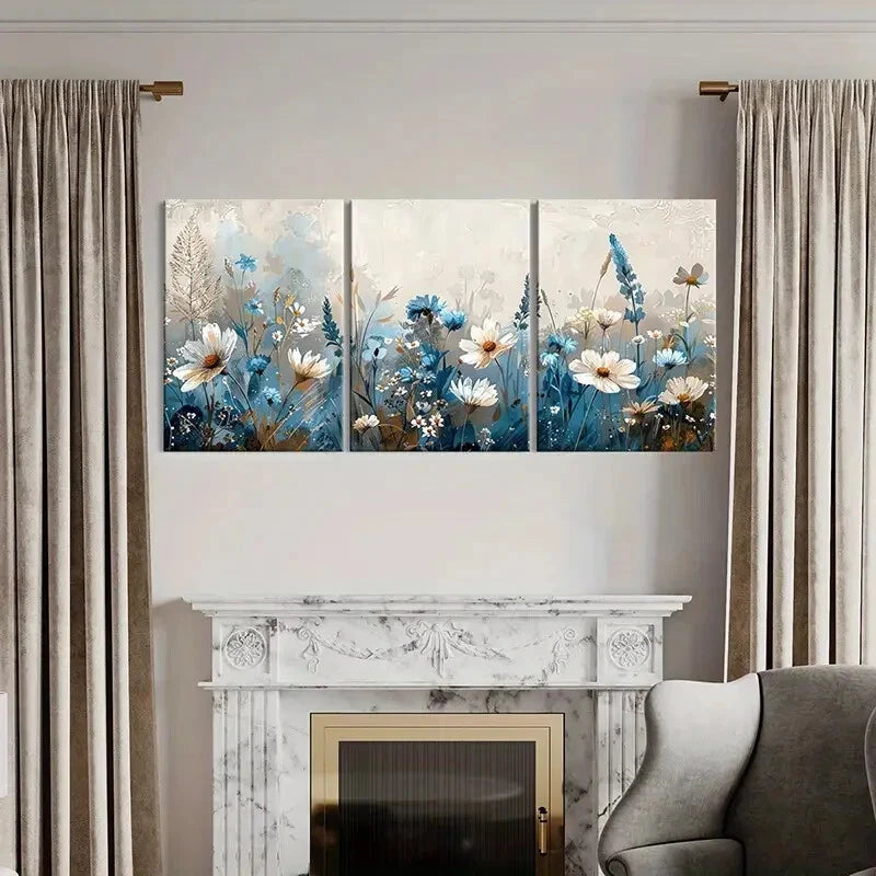 3pcs Abstract Floral Soft Blue White Flowers Metal Print Ready to Hang Art - Bella Home Decor