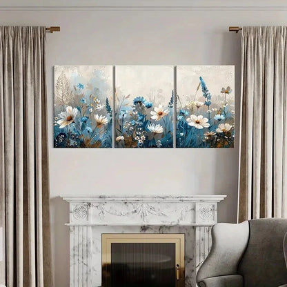 3pcs Abstract Floral Soft Blue White Flowers Metal Print Ready to Hang Art - Bella Home Decor