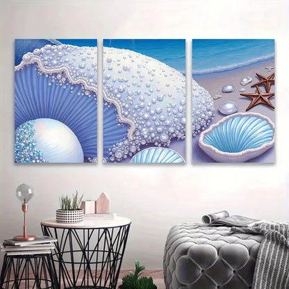 3pcs Seashell Coastal Scene Wall Art Set Canvas Framed 50x70cm - High Quality Print 100% Australian Made Wall Canvas Ready to Hang