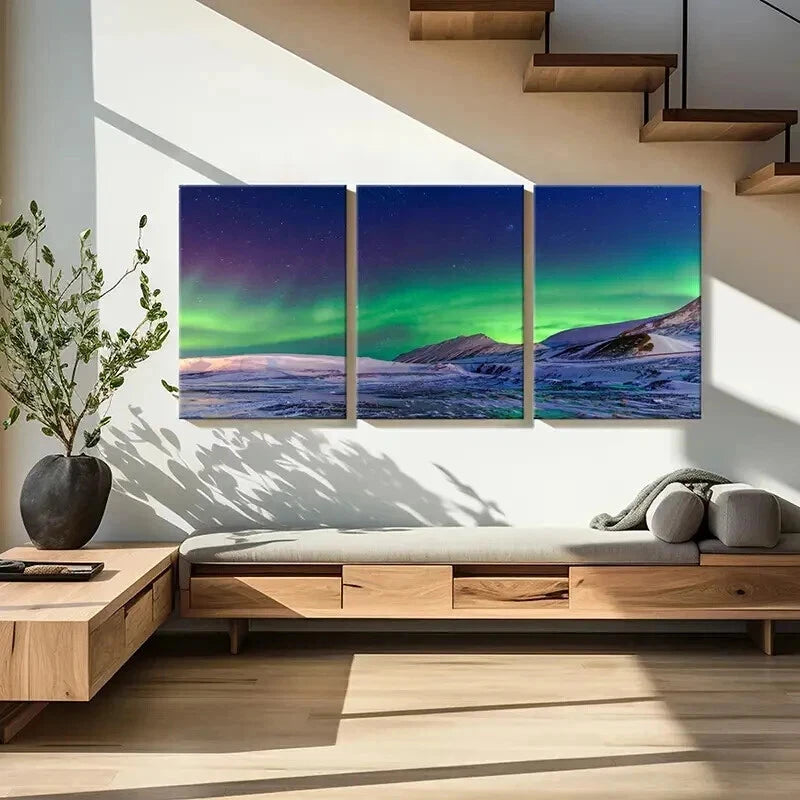 3pcs Natural Northern Lights & Snow Mountains Wall Art Set Canvas Framed 60x90cm - High Quality Print 100% Australian Made Wall Canvas Ready to Hang - Bella Home Decor