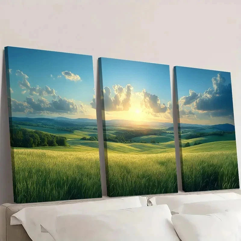 3pcs Wilderness Landscape Green Prairie  A  Wall Art Set Canvas Framed 40x60cm - High Quality Print 100% Australian Made Wall Canvas Ready to Hang - Bella Home Decor
