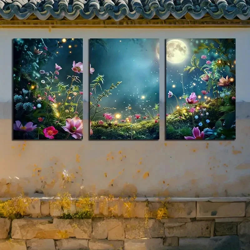 3pcs Vibrant Floral Garden with Moon View Design Metal Print Ready to Hang Art - Bella Home Decor
