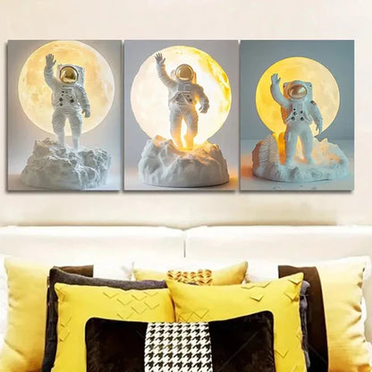 3pcs Cartoon Astronauts on the Moon Wall Art Set Canvas Unframed - High Quality Print 100% Australian Made Wall Canvas - Bella Home Decor