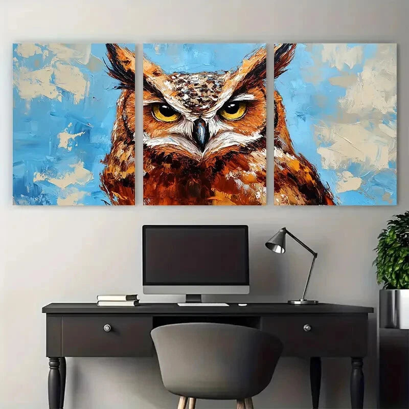 3pcs Owl Wild Bird Illustration Metal Print Ready to Hang Art - Bella Home Decor