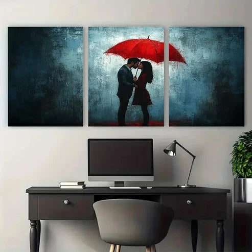 3pcs Romantic Couple Kissing Under Red Umbrella Wall Art Canvas Unframed – High Quality Print 100% Australian Made Wall Canvas