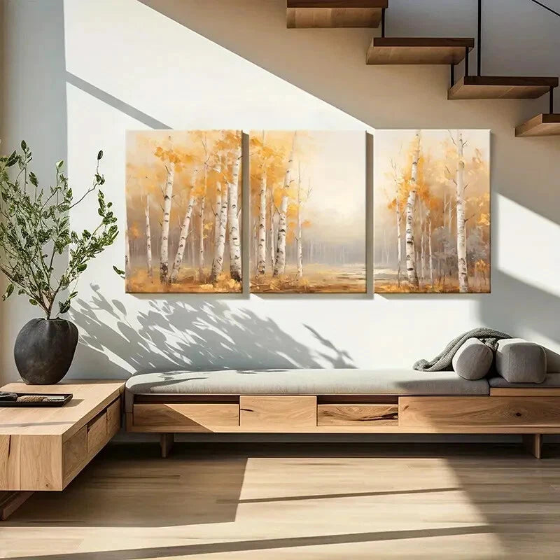 3pcs Autumn Forest Birch Trees Golden Leaves Metal Print Ready to Hang Art - Bella Home Decor