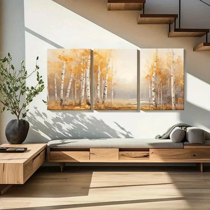 3pcs Autumn Forest Birch Trees Golden Leaves Metal Print Ready to Hang Art - Bella Home Decor