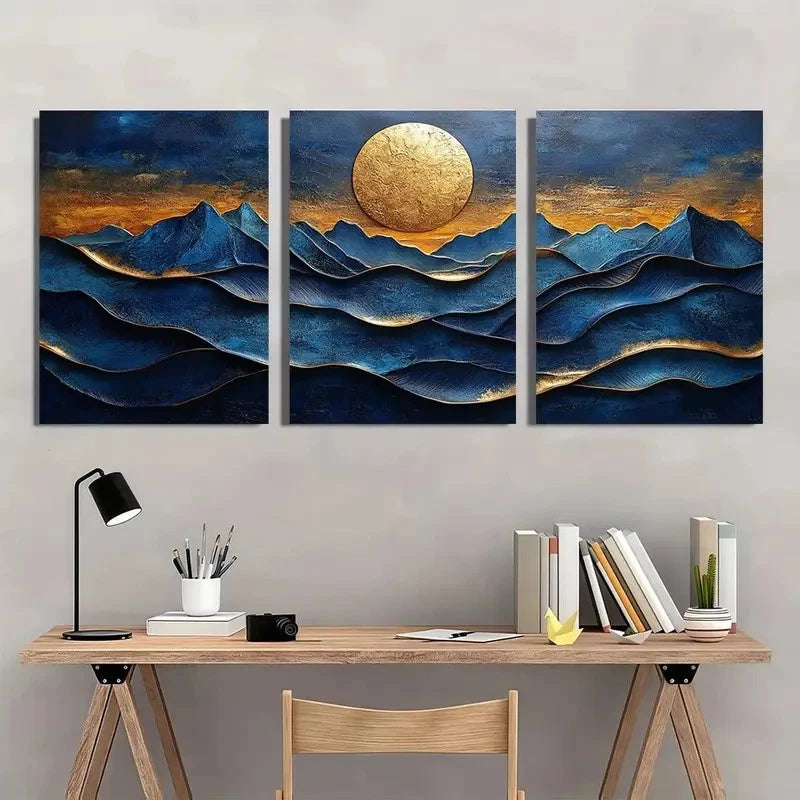 3pcs Blue and Golden Texture Natural Landscape Metal Print Ready to Hang Art - Bella Home Decor