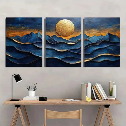 3pcs Blue and Golden Texture Natural Landscape Metal Print Ready to Hang Art - Bella Home Decor