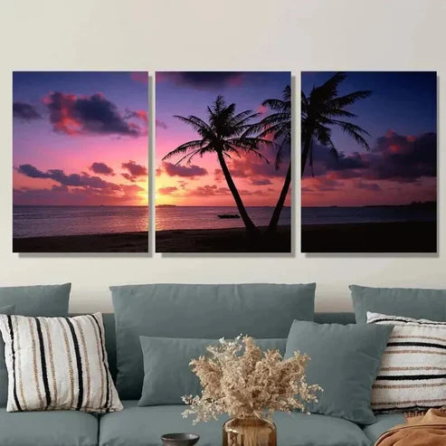 3pcs Palm Tree Ocean Beach Sunset Wall Art Set Canvas Unframed - High Quality Print 100% Australian Made Wall Canvas