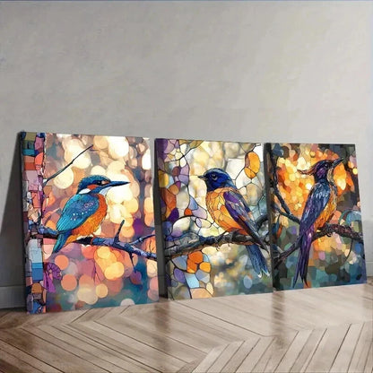 3pcs Stained Glass Bird, Luxurious Wall Art Set Canvas Framed 50x70cm - High Quality Print 100% Australian Made Wall Canvas Ready to Hang