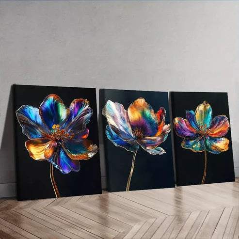 3pcs Modern Art Deco Metallic Flowers Wall Art Canvas Unframed - High Quality Print 100% Australian Made Wall Canvas