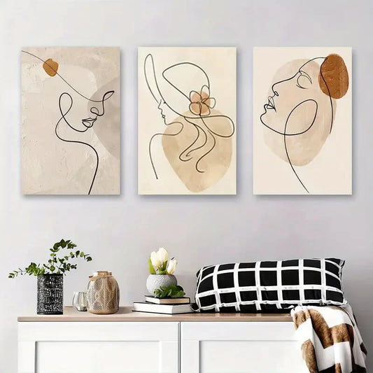 3pcs Elegant Female Profiles with Minimalist Metal Print Ready to Hang Art