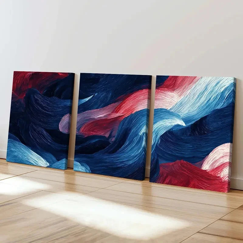 3pcs Abstract Waves Art, Blue Red White Color Wall Art Set Canvas Framed 60x90cm - High Quality Print 100% Australian Made Wall Canvas Ready to Hang - Bella Home Decor