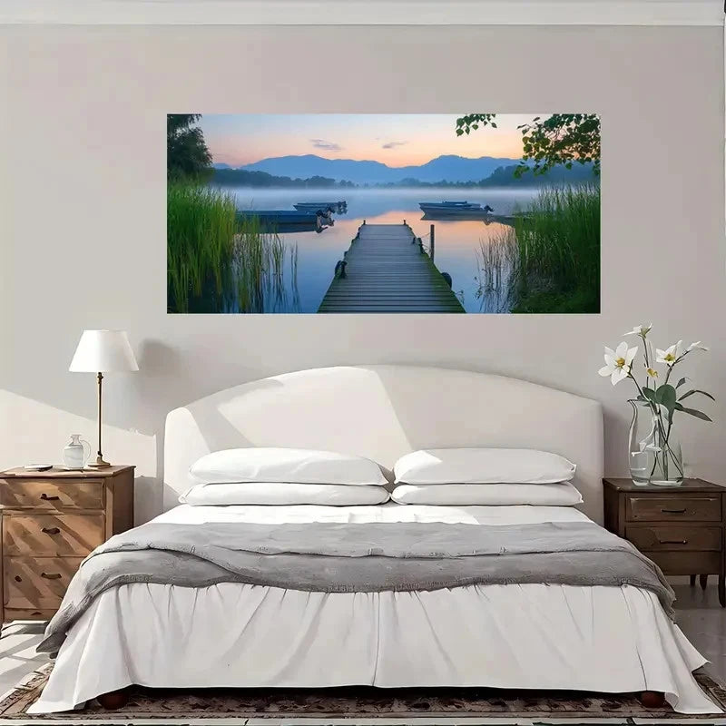 Peaceful Boats And Dock Wall Art Canvas Office Home Room Framed 120x60cm