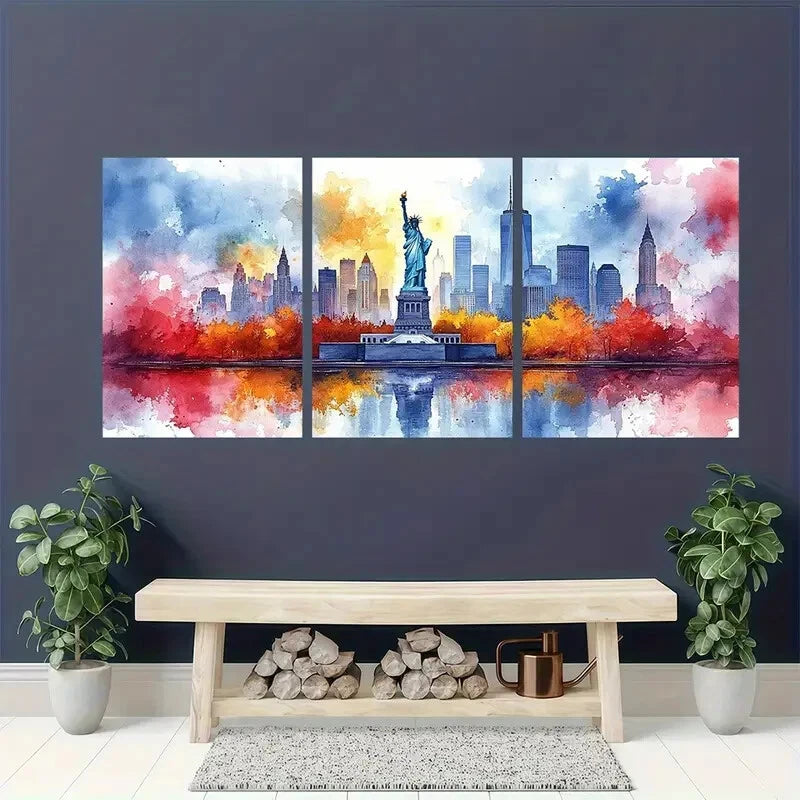 3pcs Statue of Liberty Watercolor Print Metal Print Ready to Hang Art - Bella Home Decor