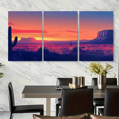 3pcs Color Block Landscape with Cacti Metal Print Ready to Hang Art - Bella Home Decor