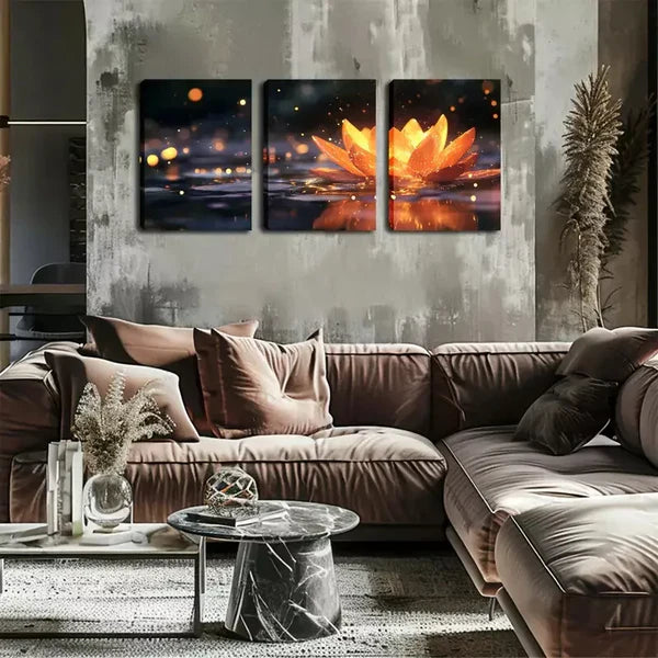 3pcs Lotus Flowers Emitting Yellow Light Wall Art Set Canvas Framed 60x90cm - High Quality Print 100% Australian Made Wall Canvas Ready to Hang - Bella Home Decor
