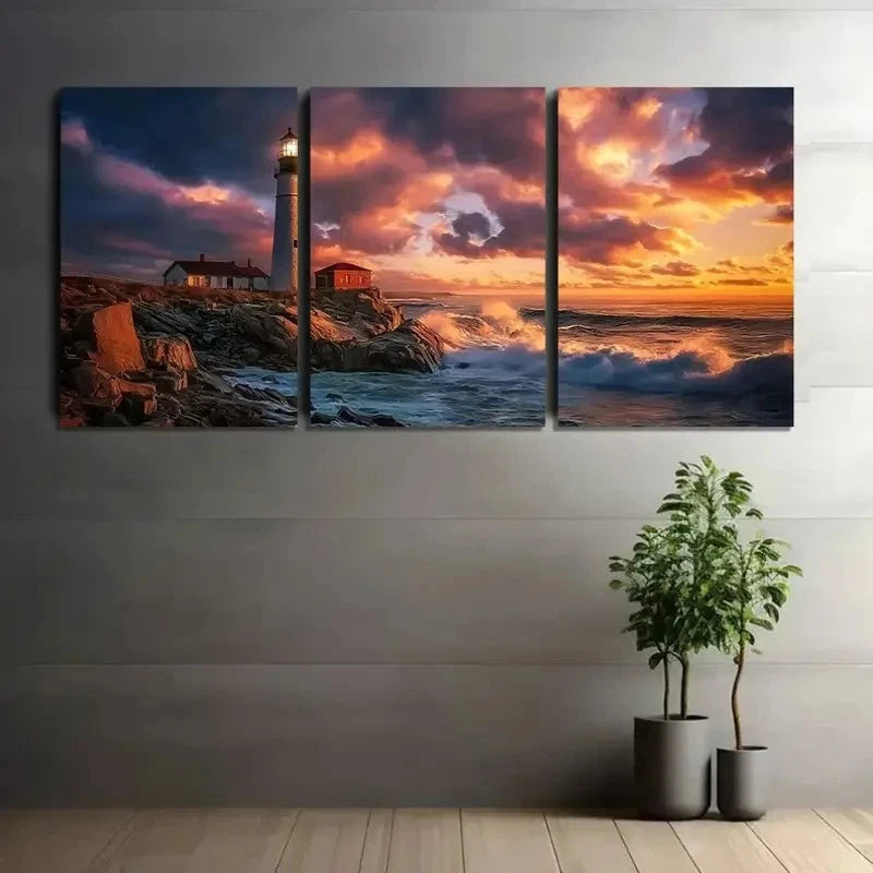 3pcs Lighthouse on Rocky Shore at Night Metal Print Ready to Hang Art - Bella Home Decor