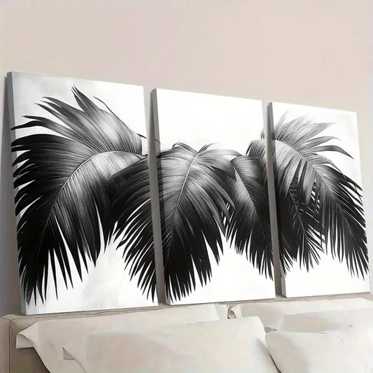 3pcs Black & White Tropical Jungle Palm BW Wall Art Set Canvas Framed 60x90cm - High Quality Print 100% Australian Made Wall Canvas Ready to Hang