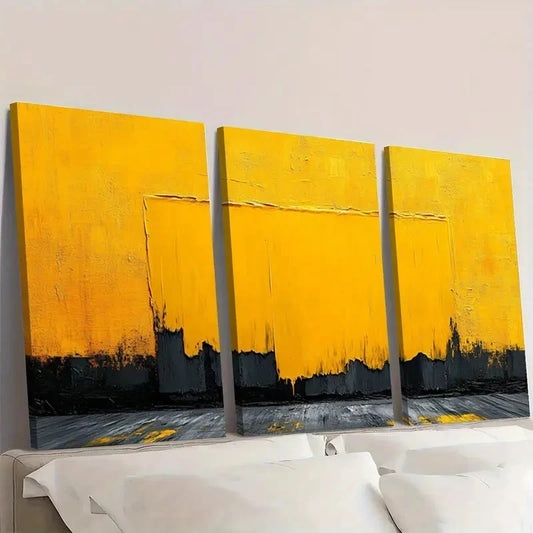 3pcs Yellow Black and Textured Abstract Z Wall Art Set Canvas Framed 60x90cm - High Quality Print 100% Australian Made Wall Canvas Ready to Hang