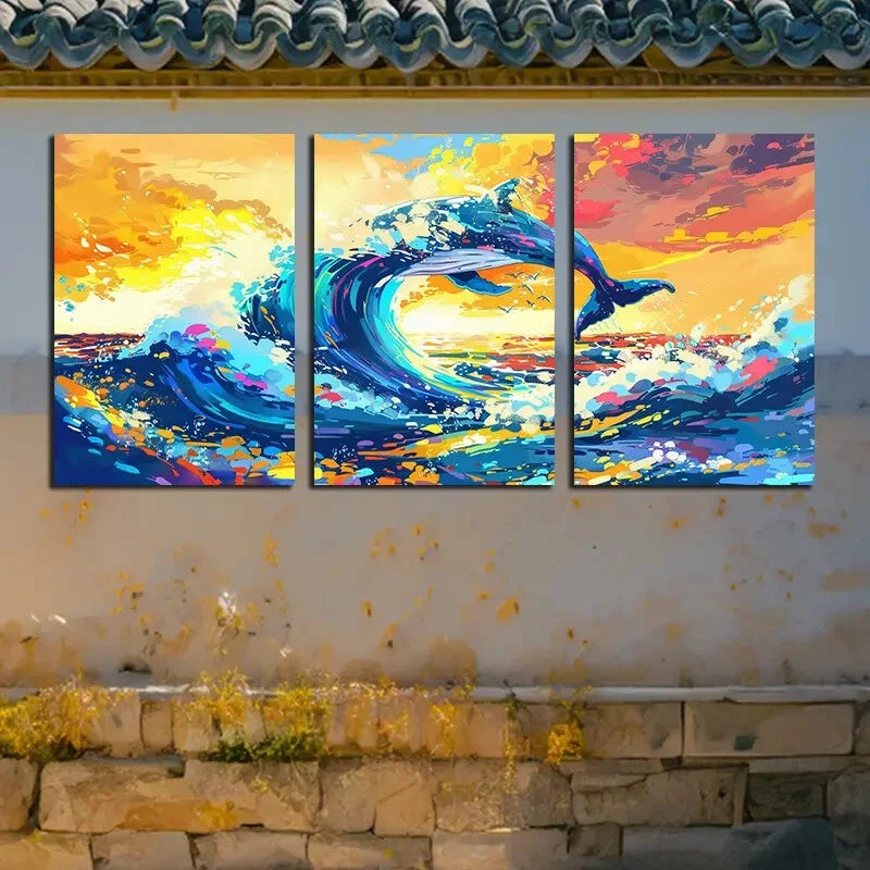 3pcs Vibrant Whimsical Whale Illustration Metal Print Ready to Hang Art - Bella Home Decor