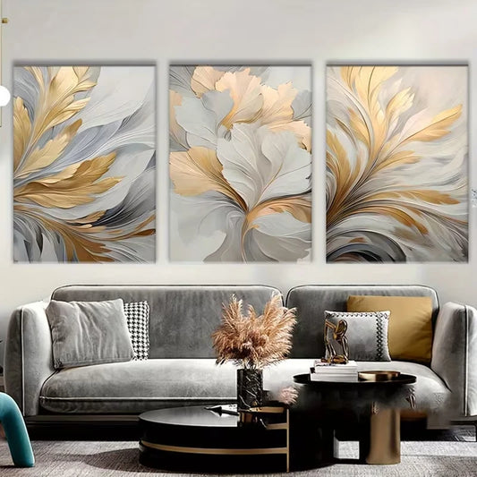 3pcs Golden & White Leaf Abstract Metal Print Ready to Hang Art