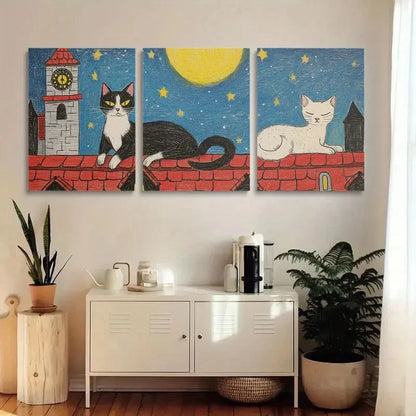 3pcs Black and White Cats with Red Roof Metal Print Ready to Hang Art - Bella Home Decor